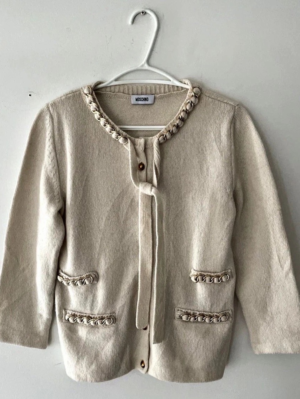 Moschino Chain-Trim Cardigan in Cream Size Medium